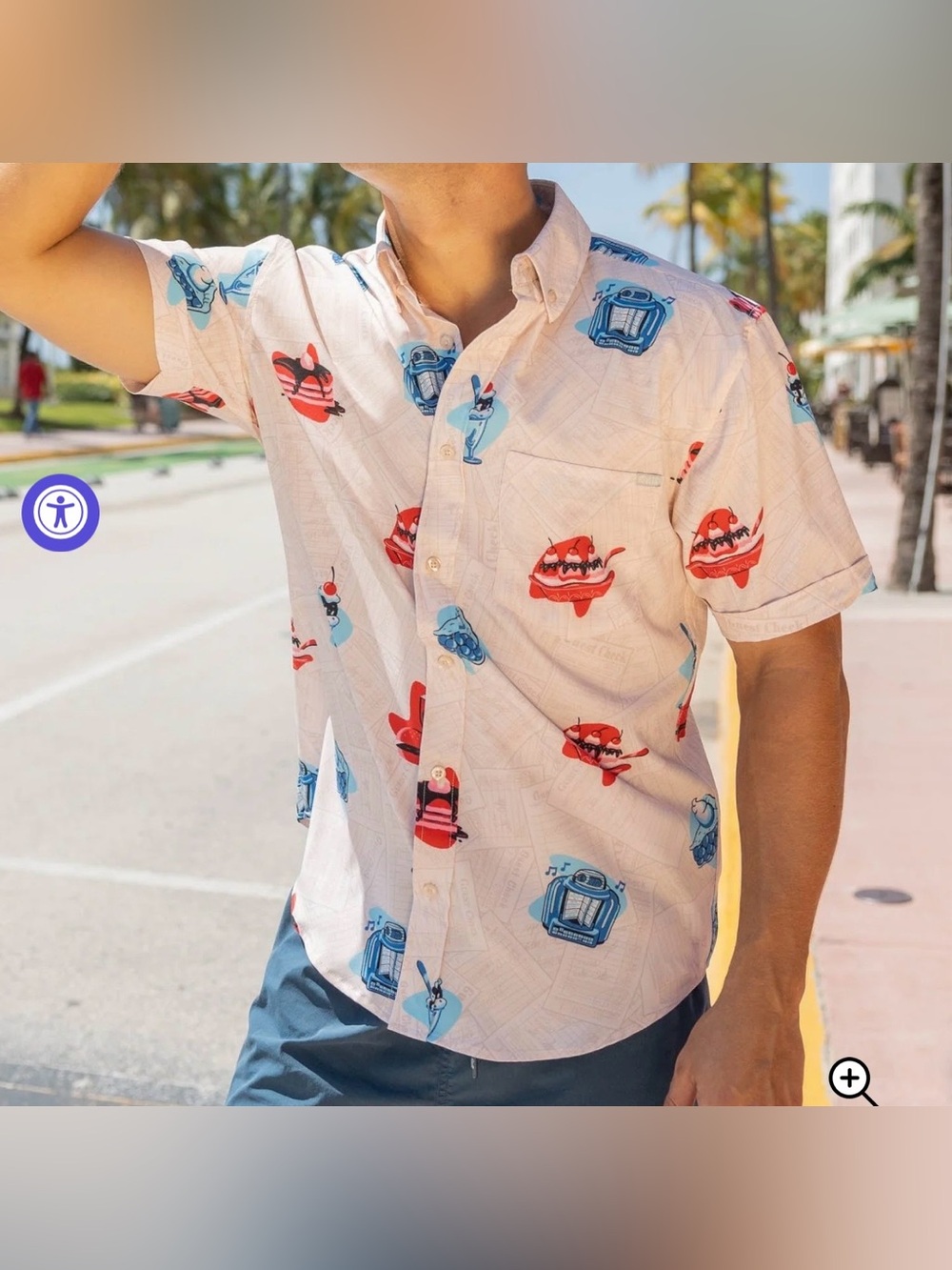 RSVLTS Red, White, Blue Plate Special Button Down Shirt Mens Medium Short Sleeve